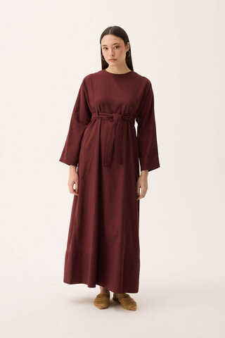 Ayana Keten Elbise Bordo - 3