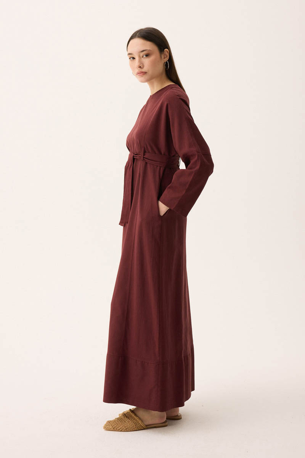 Ayana Keten Elbise Bordo - 10
