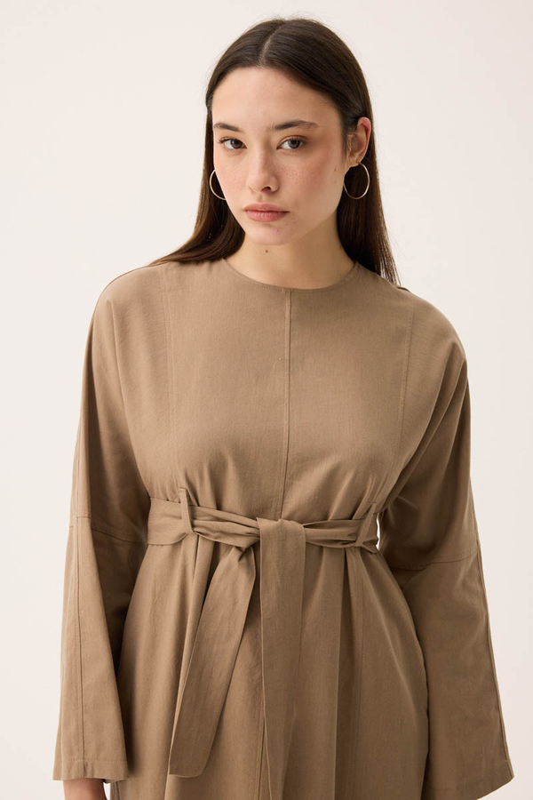 Ayana Keten Elbise Camel - 5