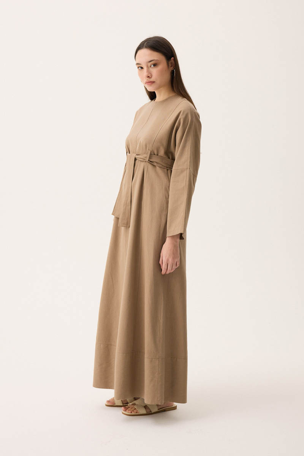 Ayana Keten Elbise Camel - 6