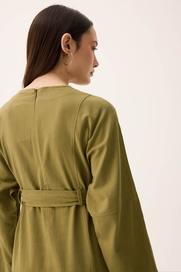 Ayana Keten Elbise Haki - 14