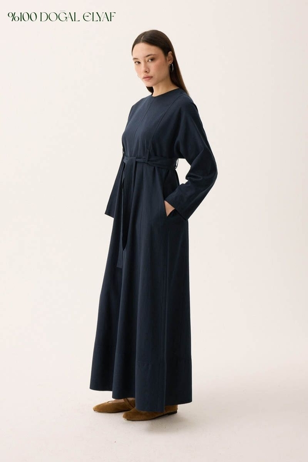 Ayana Keten Elbise Lacivert - 1