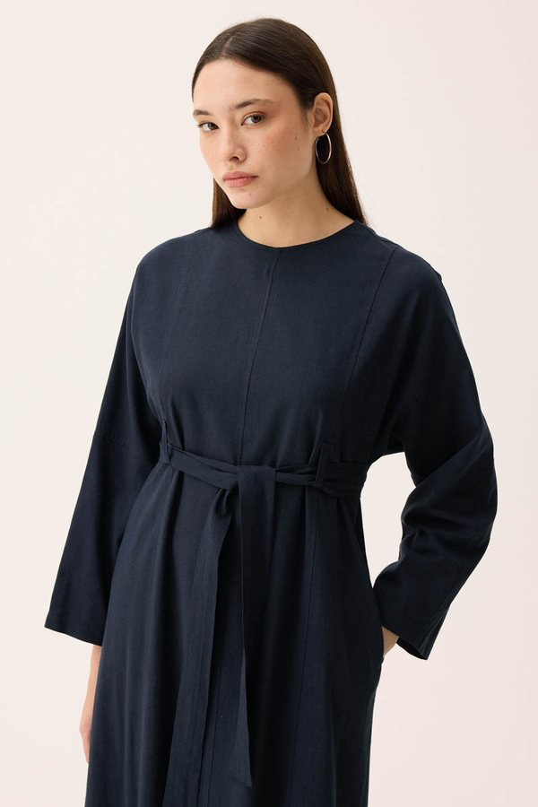 Ayana Keten Elbise Lacivert - 3