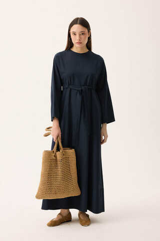 Ayana Keten Elbise Lacivert - 2