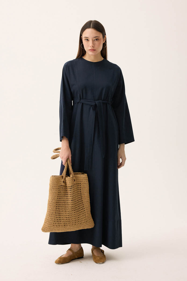 Ayana Keten Elbise Lacivert - 2