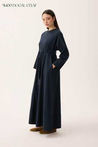 Ayana Keten Elbise Lacivert - 1