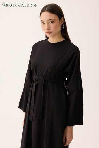 Ayana Keten Elbise Siyah - 1