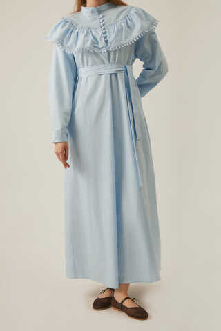 Robası Volan Detaylı Elbise Bebe Mavisi - 13