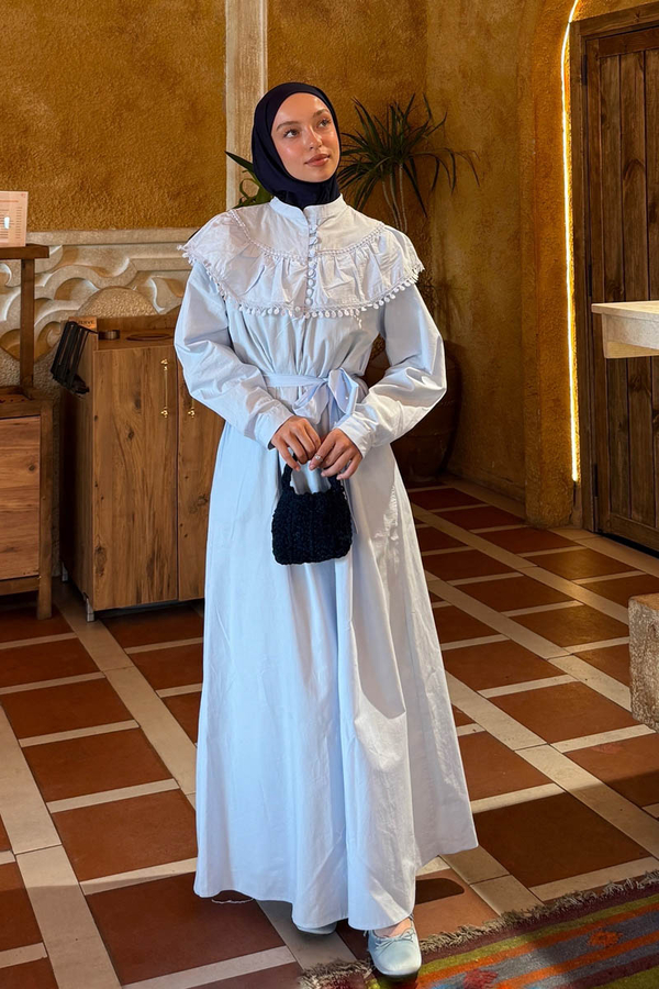 Baby Blue Dress with Ruffled Yoke Detail 