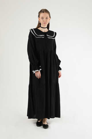 Baby Collar Belted Dress Black - 1