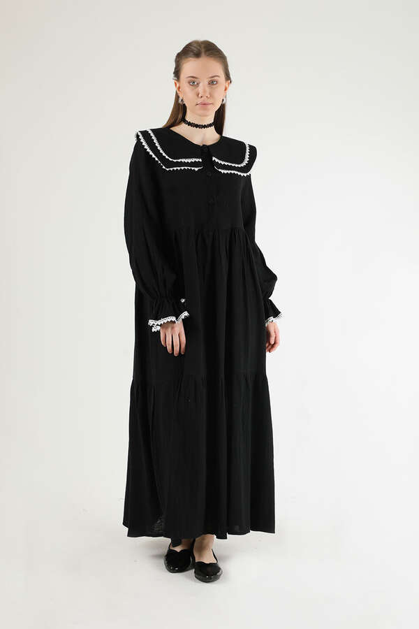 Baby Collar Belted Dress Black - 1