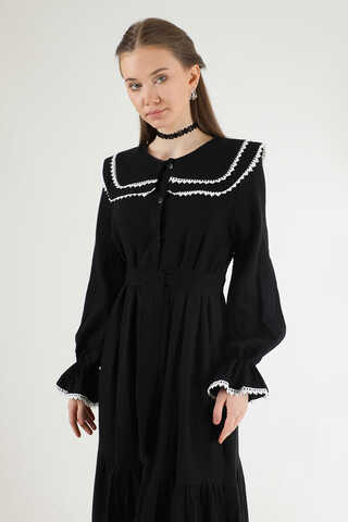 Baby Collar Belted Dress Black - 2