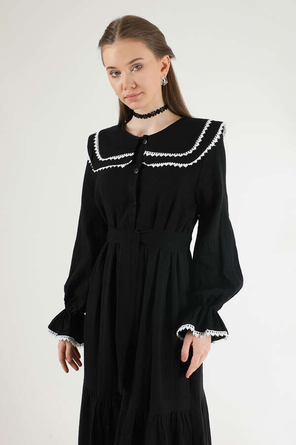 Baby Collar Belted Dress Black - 2