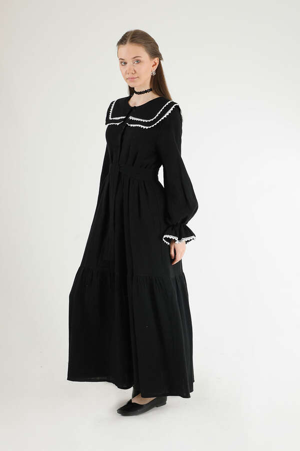 Baby Collar Belted Dress Black - 3