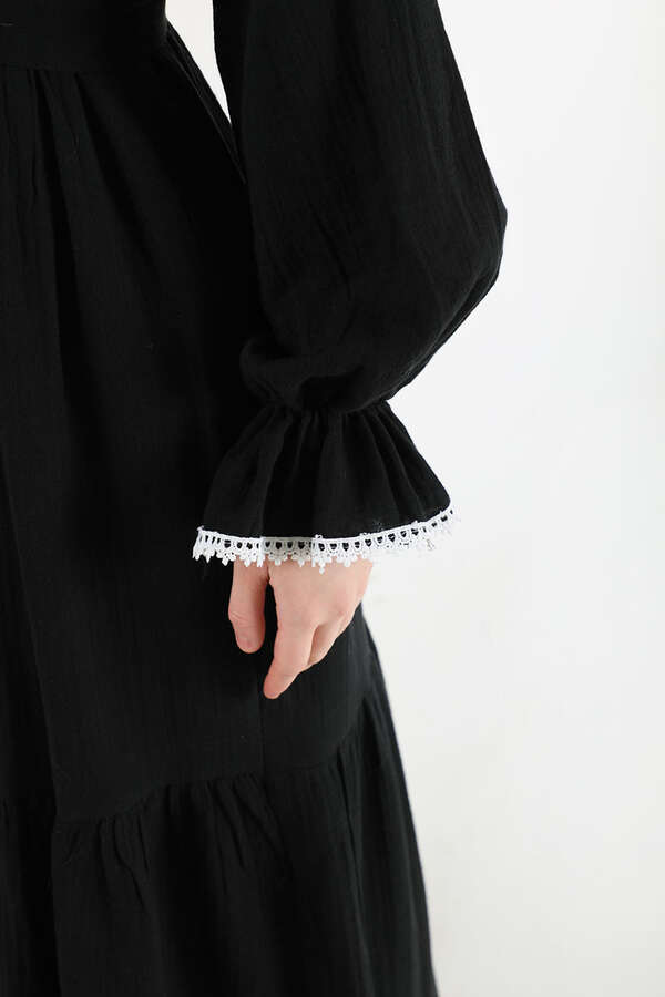 Baby Collar Belted Dress Black - 4