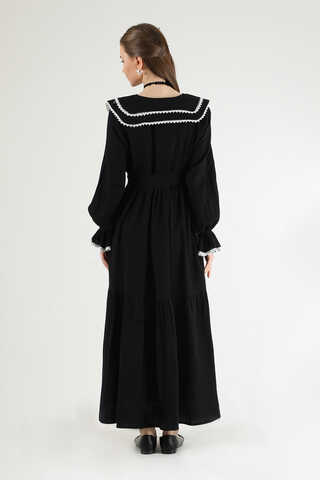 Baby Collar Belted Dress Black - 5