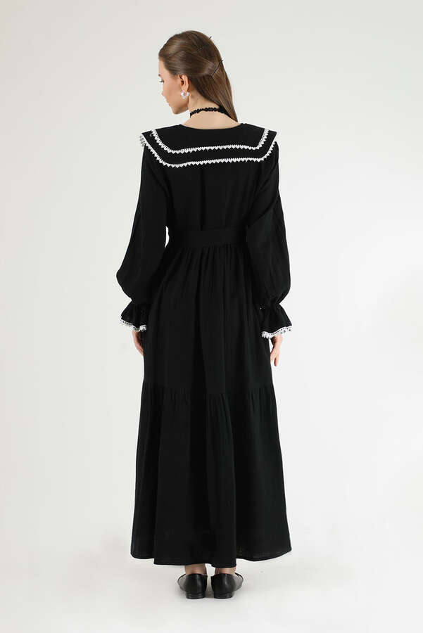 Baby Collar Belted Dress Black - 5