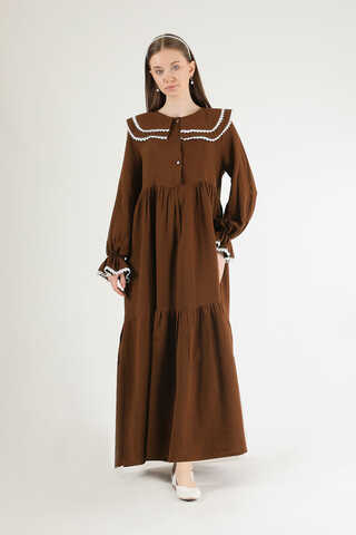 Baby Collar Belted Dress Brown - 1