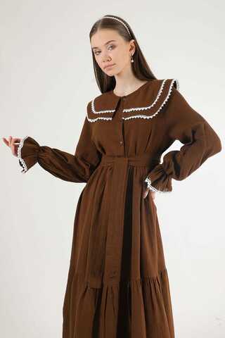 Baby Collar Belted Dress Brown - 2
