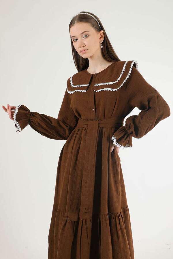 Baby Collar Belted Dress Brown - 2