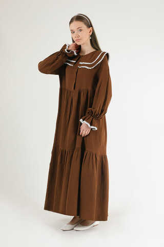 Baby Collar Belted Dress Brown - 3