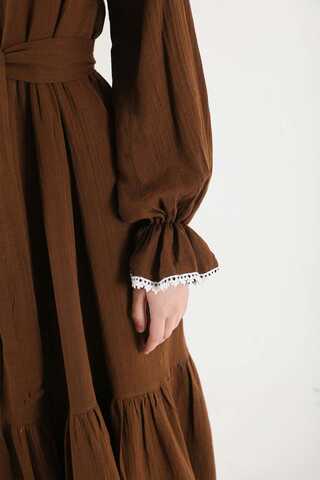 Baby Collar Belted Dress Brown - 4
