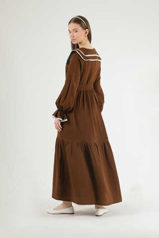 Baby Collar Belted Dress Brown - 5