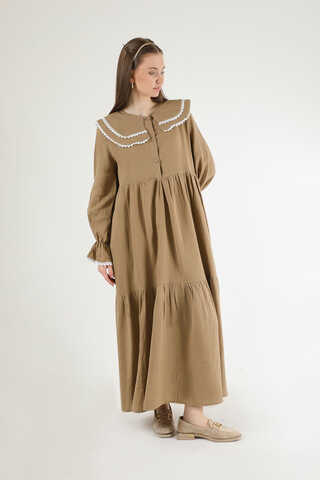 Baby Collar Belted Dress Milk Brown - 1
