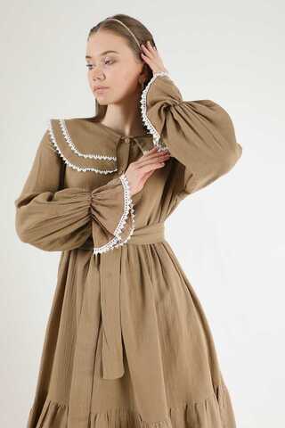 Baby Collar Belted Dress Milk Brown - 2