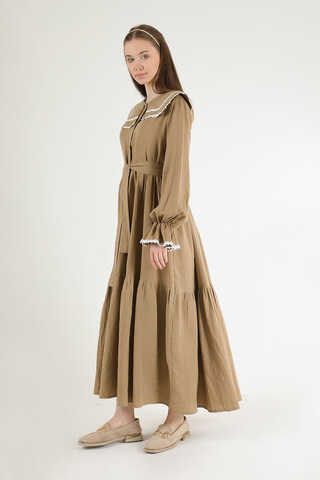 Baby Collar Belted Dress Milk Brown - 3
