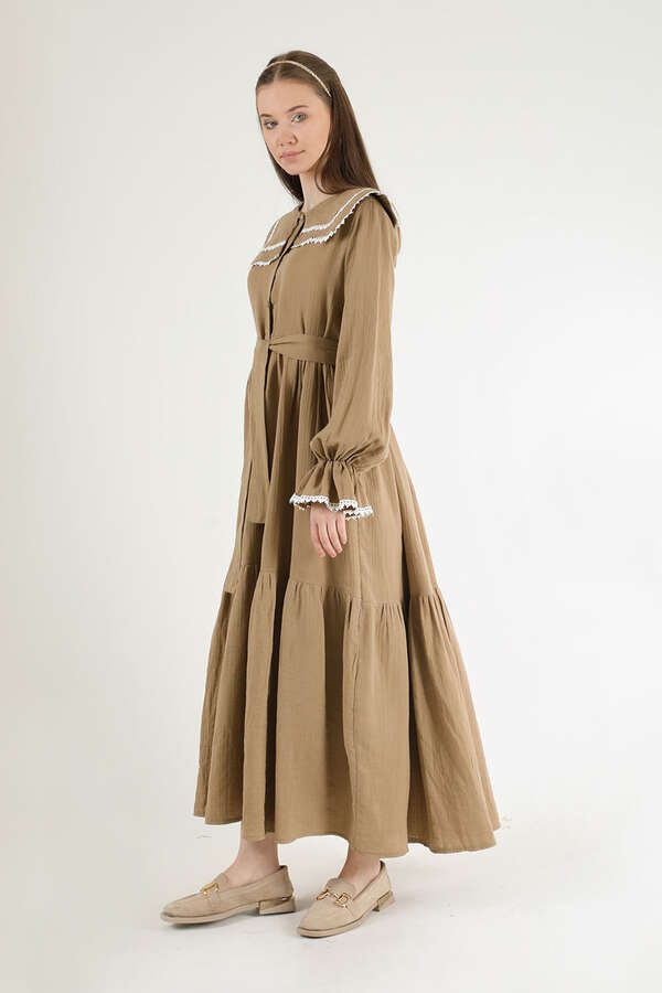 Baby Collar Belted Dress Milk Brown - 3