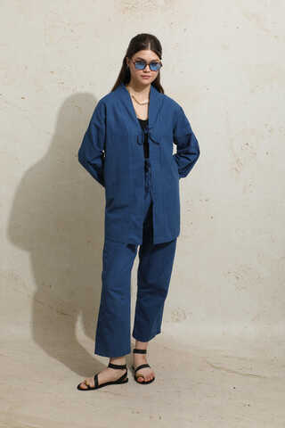 Bağcıklı Kimona Takım İndigo - 1