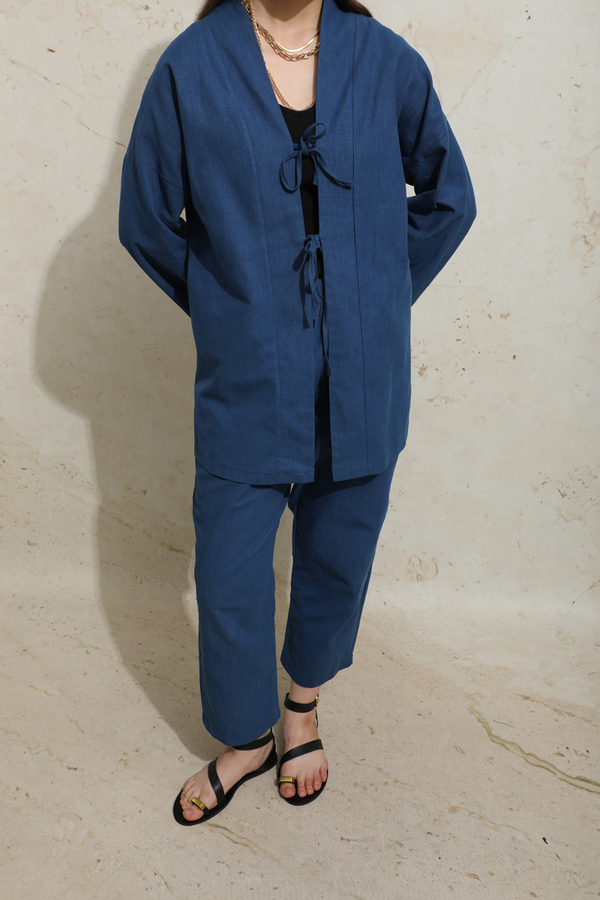 Bağcıklı Kimona Takım İndigo - 3