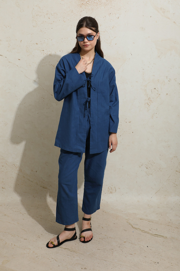 Bağcıklı Kimona Takım İndigo - 5