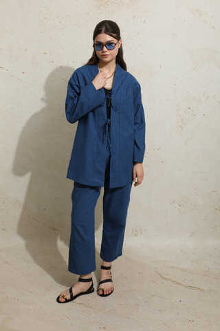 Bağcıklı Kimona Takım İndigo - 5