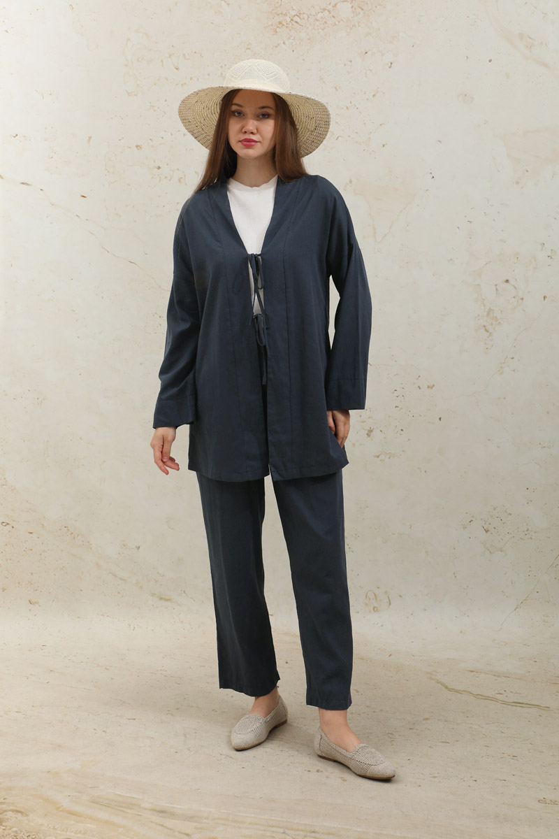 Bağcıklı Kimona Takım Koyu Lacivert