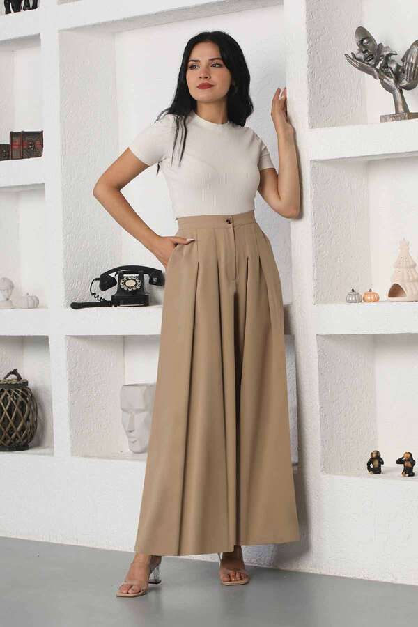 Wide Leg Pleated Trousers Beige - 1