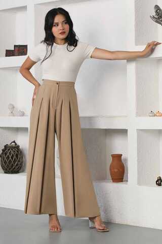 Wide Leg Pleated Trousers Beige - 3