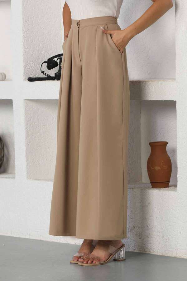 Wide Leg Pleated Trousers Beige - 4
