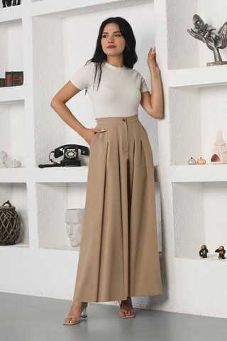Wide Leg Pleated Trousers Beige - 1
