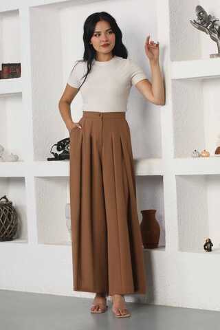 Wide Leg Pleated Trousers Brown - 1