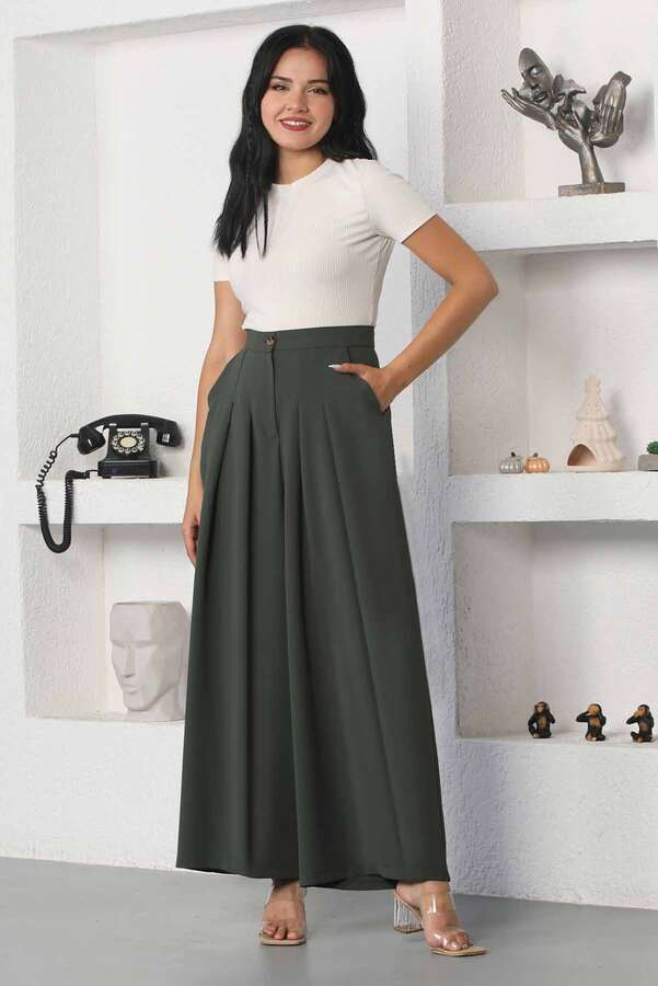 Wide Leg Pleated Trousers Khaki - 1