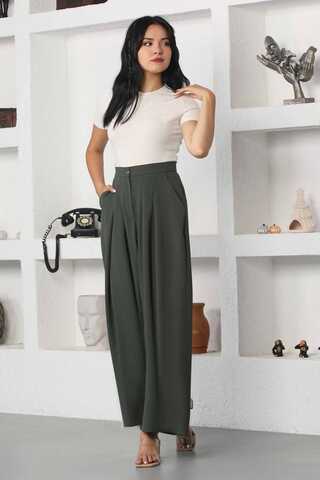 Wide Leg Pleated Trousers Khaki - 2