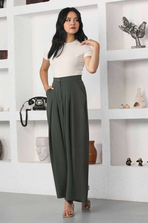 Wide Leg Pleated Trousers Khaki - 2