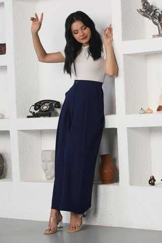 Wide Leg Pleated Trousers Navy Blue - 1
