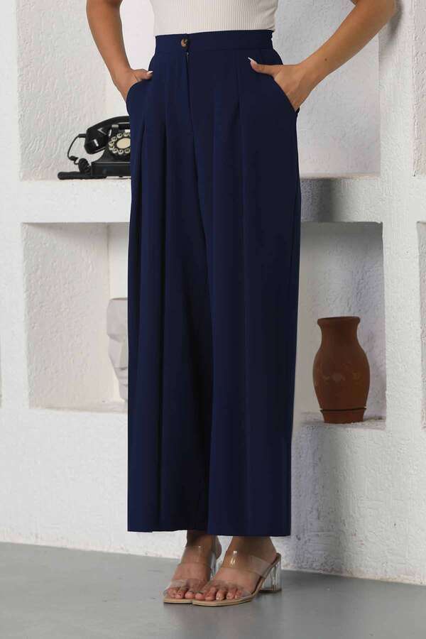 Wide Leg Pleated Trousers Navy Blue - 2