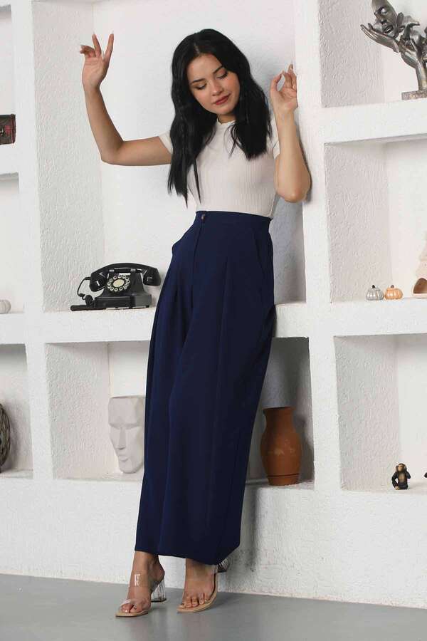 Wide Leg Pleated Trousers Navy Blue - 1