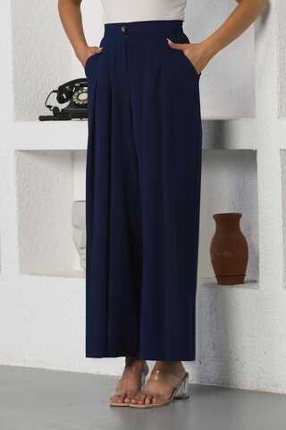 Wide Leg Pleated Trousers Navy Blue - 2