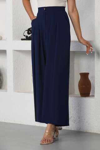 Wide Leg Pleated Trousers Navy Blue - 3