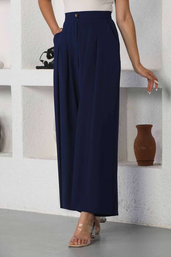 Wide Leg Pleated Trousers Navy Blue - 3